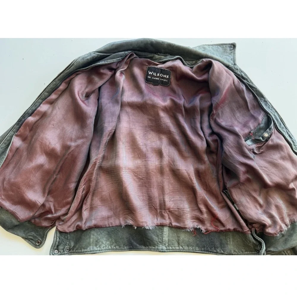 vintage 90s Y2K Wilsons olive green distressed bomber leather jacket * Flaws - Picture 7 of 16